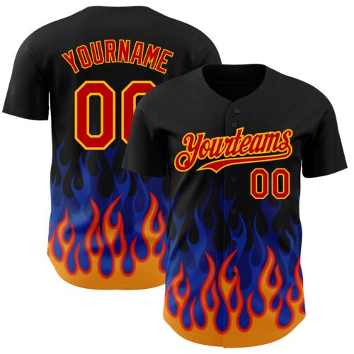 3DPattern4800 Custom Black Red-Gold 3D Pattern Design Flame Authentic Baseball Jersey