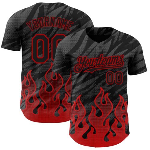3DPattern4803 Custom Black Red 3D Pattern Design Flame Authentic Baseball Jersey