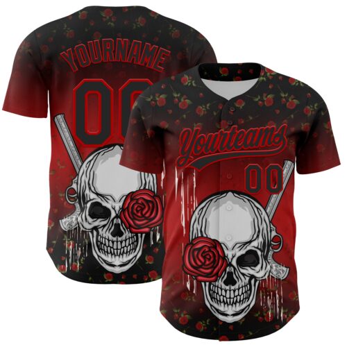 3DPattern4840 Custom Black Red 3D Pattern Design Gothic Style Skull With Rose And Gun Authentic Baseball Jersey