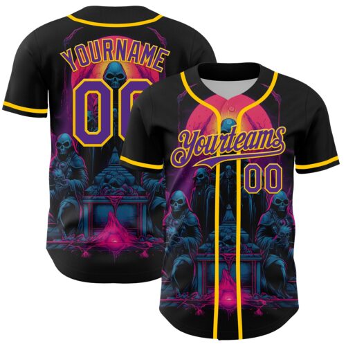 3DPattern5031 Custom Black Purple-Yellow 3D Pattern Design Rave Skull Authentic Baseball Jersey