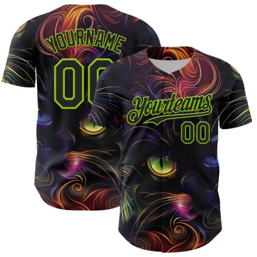 3DPattern5045 Custom Black Neon Green 3D Pattern Design Rave Animal Cat Authentic Baseball Jersey