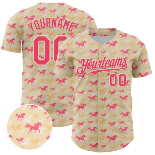 3DPattern5064 Custom Cream Neon Pink 3D Pattern Design Animal Horse Authentic Baseball Jersey