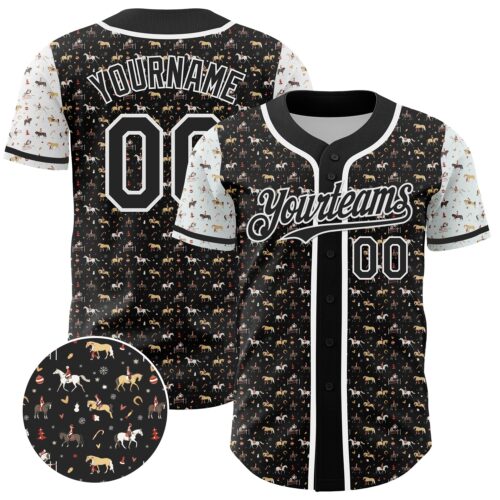 3DPattern5069 Custom Black White 3D Pattern Design Rodeo Cowboy Authentic Baseball Jersey
