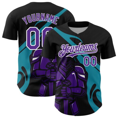 3DPattern5085 Custom Black Purple-Teal 3D Pattern Design Knight Hero Art Authentic Baseball Jersey