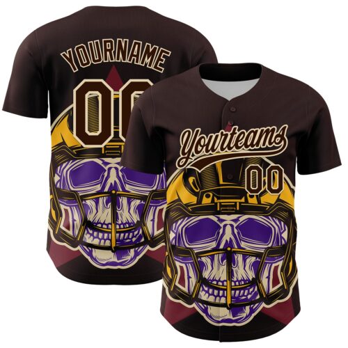 3DPattern5109 Custom Brown Cream 3D Pattern Design Football Skull Helmet Authentic Baseball Jersey