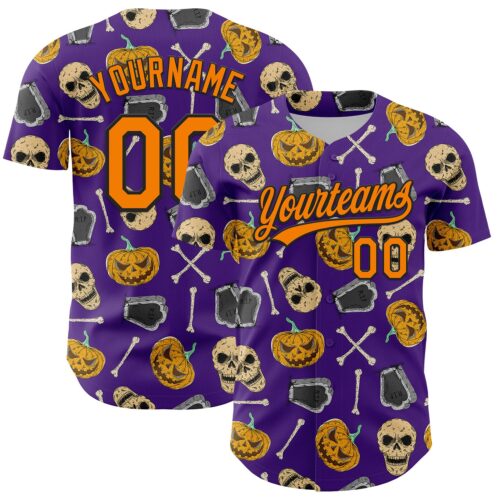 3DPattern5136 Custom Purple Bay Orange-Black 3D Pattern Halloween Skull Authentic Baseball Jersey