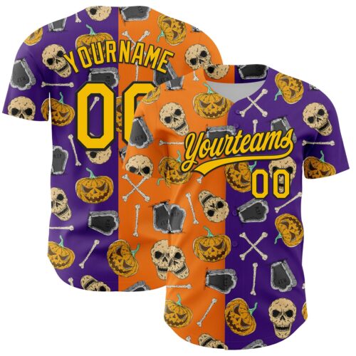 3DPattern5137 Custom Purple Yellow Bay Orange-Black 3D Pattern Halloween Skull Authentic Baseball Jersey