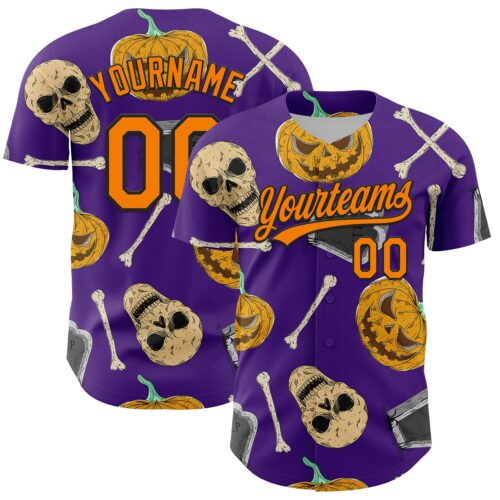 3DPattern5138 Custom Purple Bay Orange-Black 3D Pattern Halloween Skull Authentic Baseball Jersey