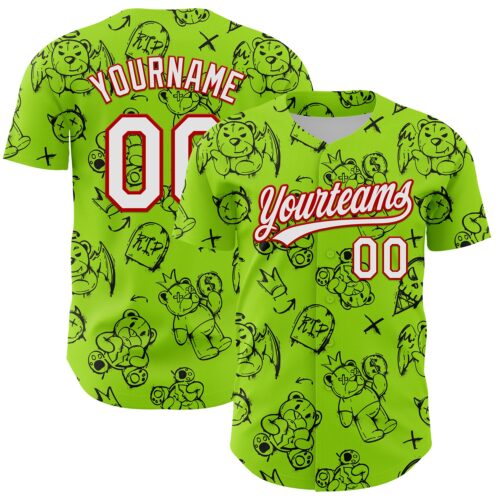 3DPattern5142 Custom Neon Green White-Red 3D Pattern Halloween Authentic Baseball Jersey