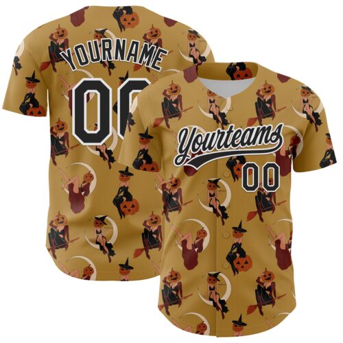 3DPattern5144 Custom Old Gold Black-White 3D Pattern Halloween Authentic Baseball Jersey