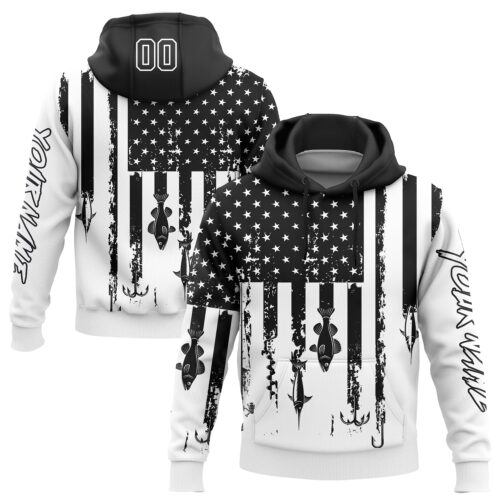 3DPattern5710 Custom White Black 3D American Flag And Fish Hook Fishing Sports Pullover Sweatshirt Hoodie