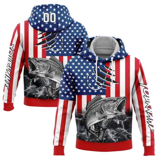 Custom Red US Navy Blue-Black 3D American Flag And Largemouth Bass Fish Fishing Sports Pullover Sweatshirt Hoodie
