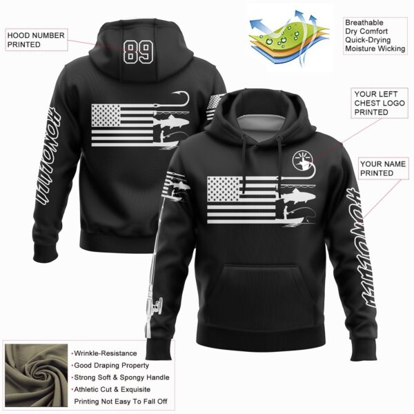 Custom Black White 3D American Flag And Fish Hook Fishing Sports Pullover Sweatshirt Hoodie