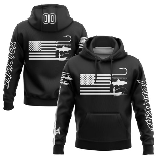 Custom Black White 3D American Flag And Fish Hook Fishing Sports Pullover Sweatshirt Hoodie