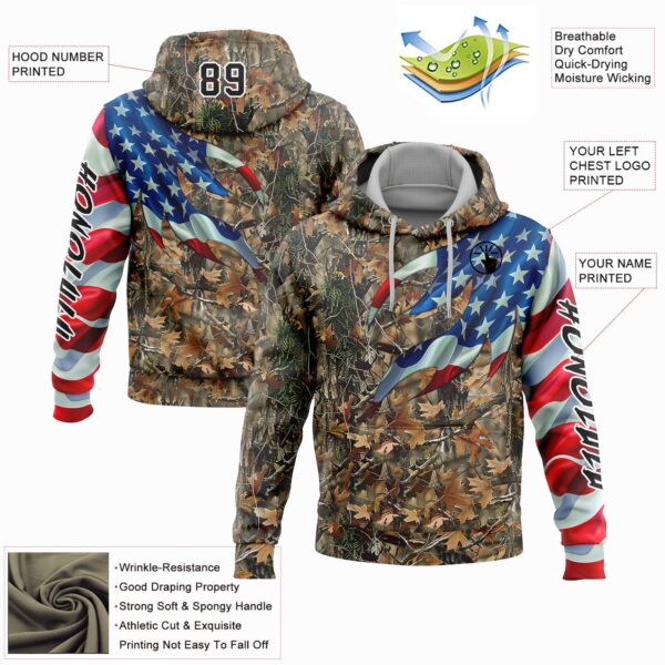 Custom Camo Black-White 3D American Flag Hunting Sports Pullover Sweatshirt Hoodie