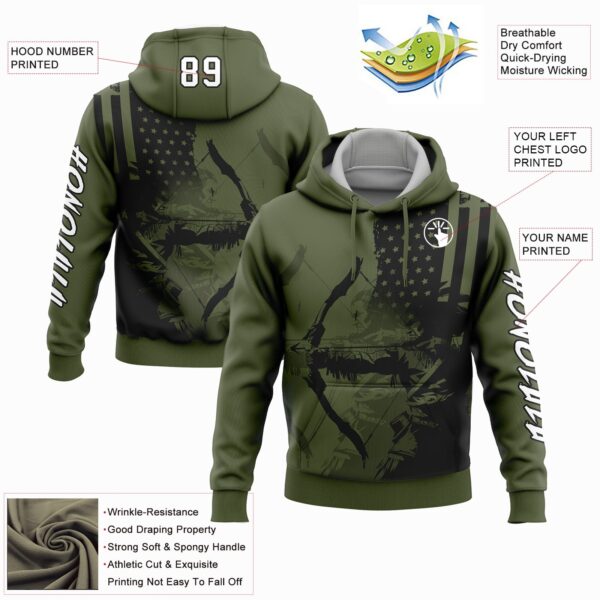 Custom Olive White-Black 3D American Flag And Bow Hunter Hunting Sports Pullover Sweatshirt Hoodie
