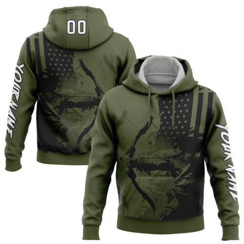 Custom Olive White-Black 3D American Flag And Bow Hunter Hunting Sports Pullover Sweatshirt Hoodie