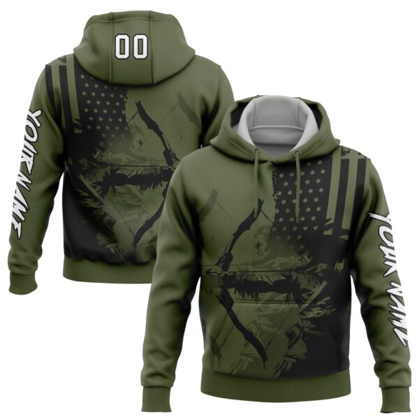 Custom Olive White-Black 3D American Flag And Bow Hunter Hunting Sports Pullover Sweatshirt Hoodie
