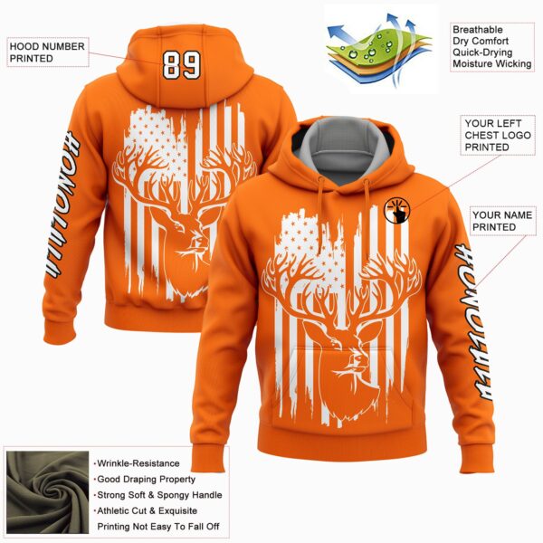 Custom Bay Orange White-Black 3D American Flag And Deer Hunting Sports Pullover Sweatshirt Hoodie