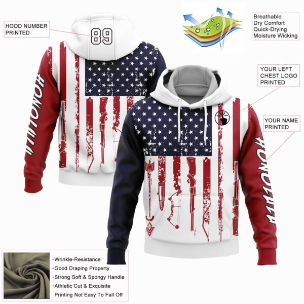 Custom Navy Red-Black 3D American Flag And Hunting Tools Sports Pullover Sweatshirt Hoodie