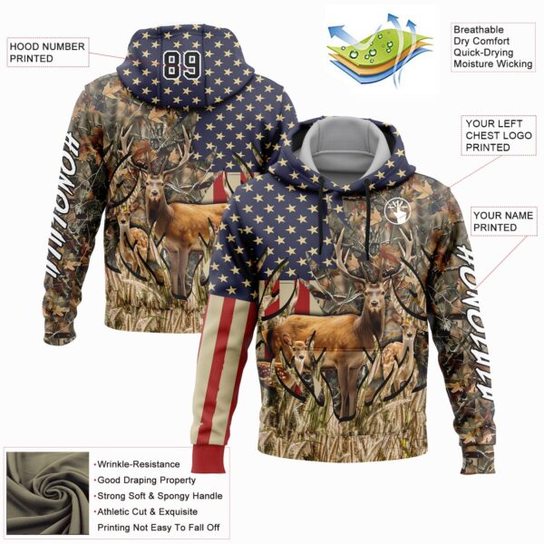 Custom Camo Black-White 3D American Flag And Deer Hunting Sports Pullover Sweatshirt Hoodie