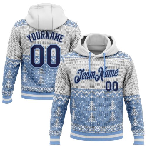 3DPattern5840 Custom Stitched White Navy-Light Blue 3D Christmas Sports Pullover Sweatshirt Hoodie