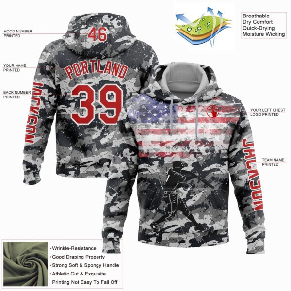 Custom Camo Red-White 3D USA Flag Sports Pullover Sweatshirt Salute To Service Hoodie