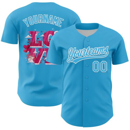 3DPattern6117 Custom Sky Blue White 3D Love Heart Valentine's Day Authentic Baseball Jersey