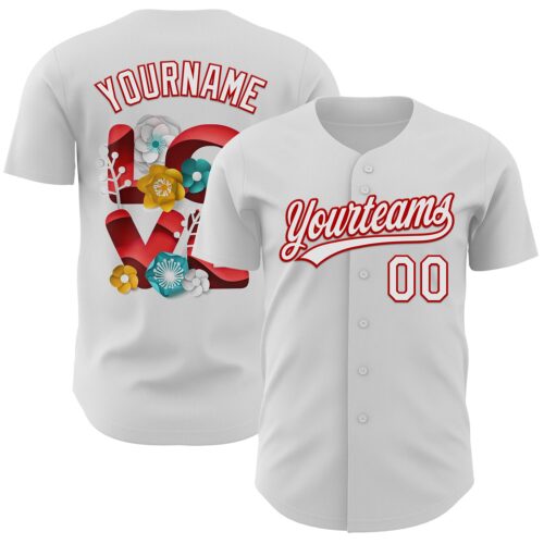 3DPattern6120 Custom White Red 3D Love Heart Valentine's Day Authentic Baseball Jersey