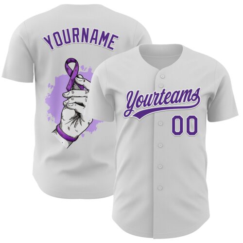 3DPattern6142 Custom White Purple 3D Pancreatic Cancer Ribbon Authentic Baseball Jersey