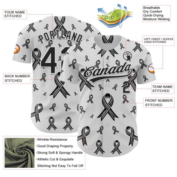Custom White Black 3D Skin Cancer Ribbon Authentic Baseball Jersey