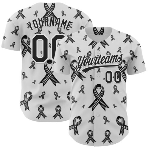 3DPattern6144 Custom White Black 3D Skin Cancer Ribbon Authentic Baseball Jersey