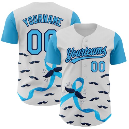 3DPattern6147 Custom White Sky Blue-Navy 3D Prostate Cancer Ribbon Authentic Baseball Jersey