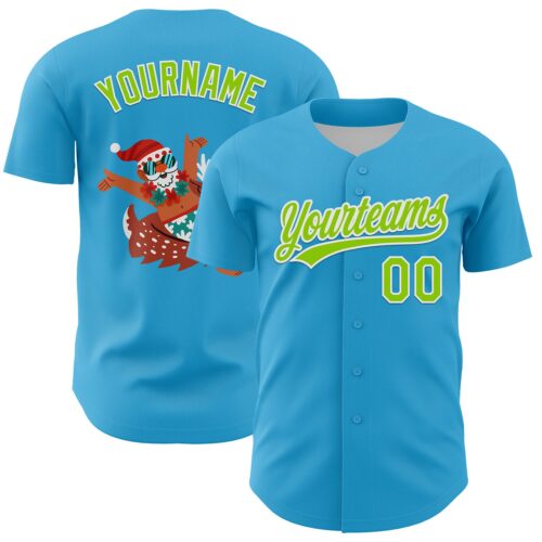 3DPattern6175 Custom Sky Blue Neon Green-White 3D Funny Christmas Authentic Baseball Jersey