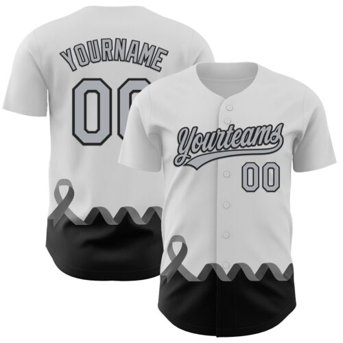 3DPattern6208 Custom White Gray-Black 3D Brain Cancer Ribbon Authentic Baseball Jersey