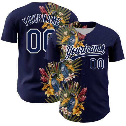 3DPattern6254 Custom Navy White 3D Tropical Hawaii Palm Tree And Bird Authentic Baseball Jersey