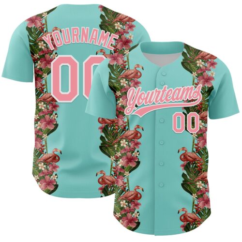 3DPattern6257 Custom Ice Blue Medium Pink-White 3D Tropical Hawaii Plant And Flamingo Authentic Baseball Jersey