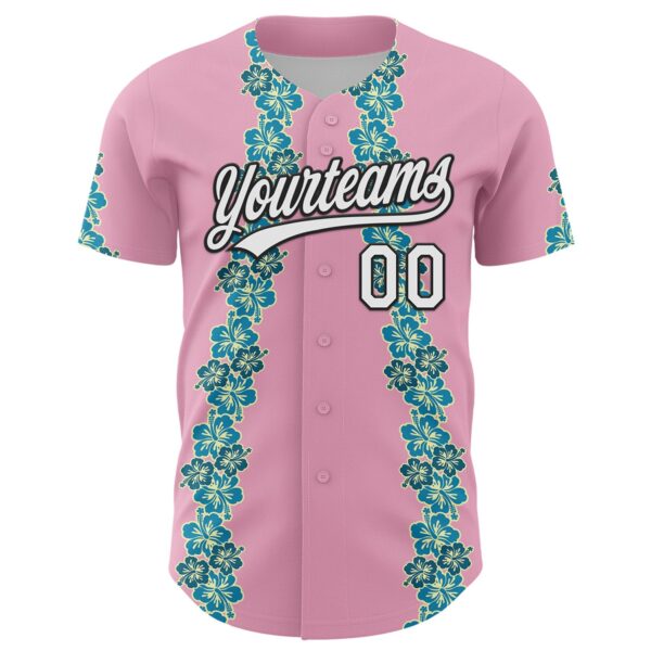 Custom Light Pink White-Black 3D Tropical Hawaii Flower Authentic Baseball Jersey