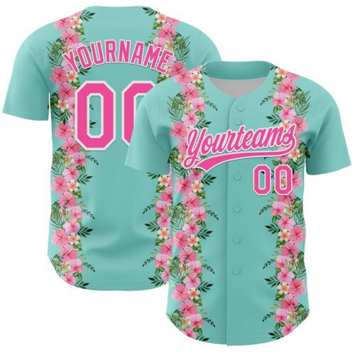 3DPattern6260 Custom Ice Blue Pink-White 3D Tropical Hawaii Jungle Leaves And Flower Authentic Baseball Jersey