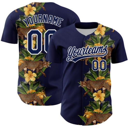 3DPattern6264 Custom Navy White 3D Tropical Hawaii Jungle Plant And Leopard Authentic Baseball Jersey
