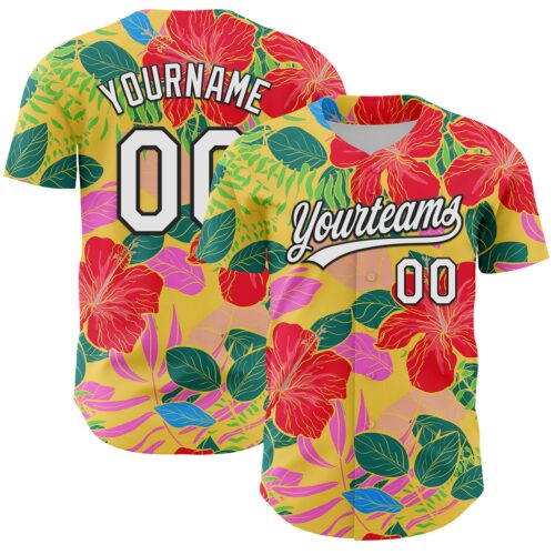 3DPattern6267 Custom Red White-Black 3D Tropical Hawaii Jungle Leaves And Flower Authentic Baseball Jersey