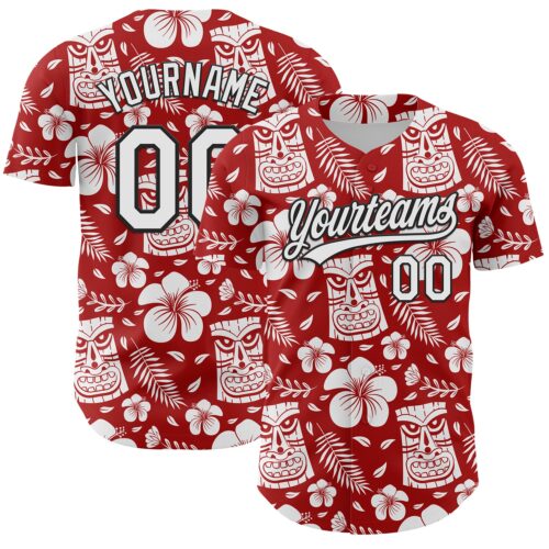 3DPattern6269 Custom Red White-Black 3D Tropical Hawaii Jungle Leaves Flower And Tiki Mask Authentic Baseball Jersey