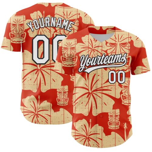 3DPattern6270 Custom Red White-Black 3D Tropical Hawaii Flower And Tiki Mask Authentic Baseball Jersey