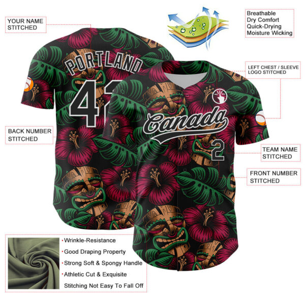 Custom Black White 3D Tropical Hawaii Jungle Leaves And Flower Authentic Baseball Jersey