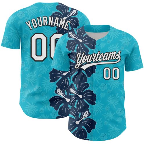 3DPattern6278 Custom Lakes Blue White-Black 3D Tropical Hawaii Jungle Leaves And Flower Authentic Baseball Jersey