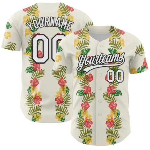 3DPattern6285 Custom White Black 3D Tropical Hawaii Leaves And Flower Authentic Baseball Jersey