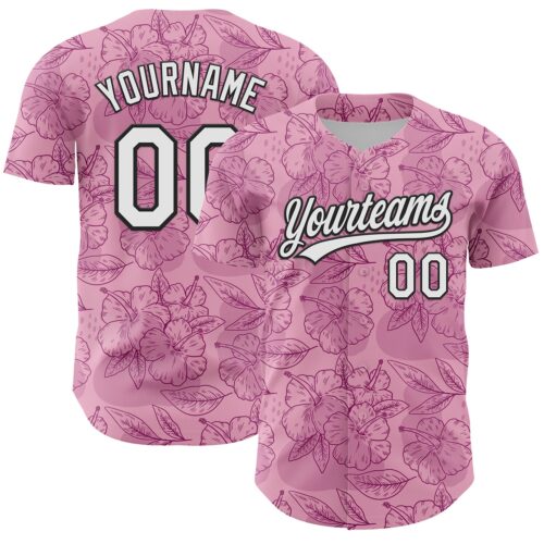 3DPattern6290 Custom Light Pink White-Black 3D Tropical Hawaii Jungle Leaves And Flower Authentic Baseball Jersey