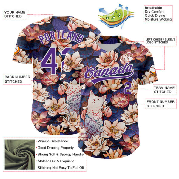 Custom Black Purple-White 3D Syntetyc White Cat Lotus Authentic Baseball Jersey