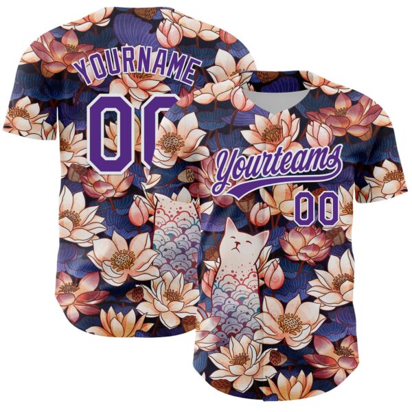 Custom Black Purple-White 3D Syntetyc White Cat Lotus Authentic Baseball Jersey