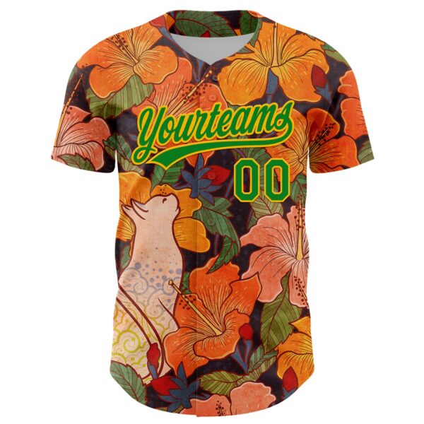Custom Orange Grass Green-Gold 3D Syntetyc Cat And Hibiscus Authentic Baseball Jersey